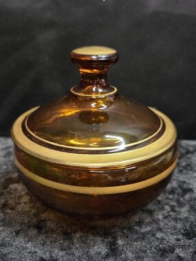 Vintage Romanian Amber Glass Candy Dish with Gold Trim RARE